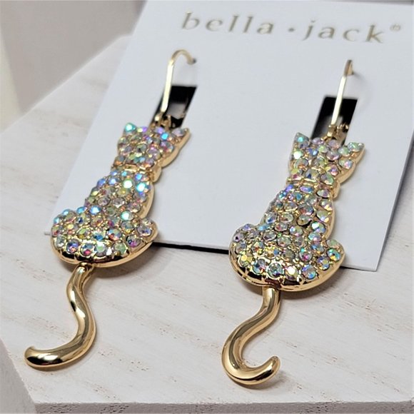 Bella Jack Rhinestone Kitty Cat Earrings NWT Gold Pierced - Picture 3 of 6